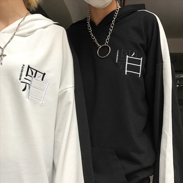 FINDSENSE Z1 日系 時尚 潮 男女情侶款 時尚 黑白刺繡 拼色 連帽外套 衛衣 外套