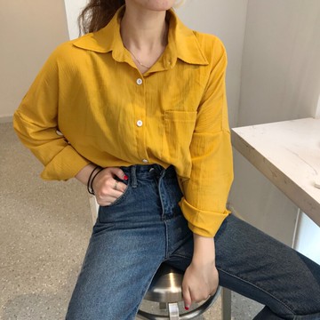 襯衫女春季新款韓版寬松顯瘦翻領百搭學生長袖中長款上衣外套1入