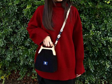 黑條絨布 2way手提木頭口金包 斜背包 附花花編織背帶