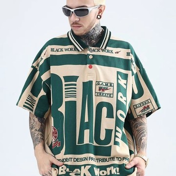 美式復古拼色寬鬆polo衫男夏季痞帥潮牌hiphop炸街短袖t恤短袖潮