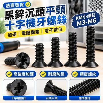 熱賣發貨✅（M3-M6）黑鋅沉頭平頭十字機牙螺絲加硬電腦機箱電子數位KM小螺釘M3M4M5M6