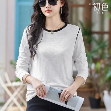 初色 寬鬆修身顯瘦圓領拼接長袖T恤上衣女上衣-共3色-38267(M-3XL可選/現貨+預購)