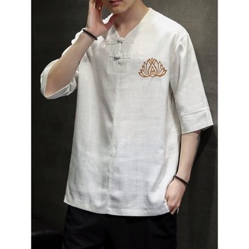 亞麻短袖t恤男中國風復古刺繡中式盤扣上衣夏季棉麻半袖唐裝漢服