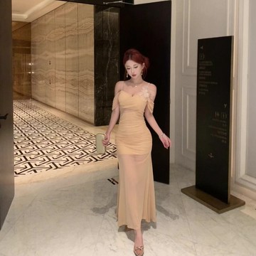性感吊帶晚禮服網紗氣質顯瘦開叉長款連身裙
