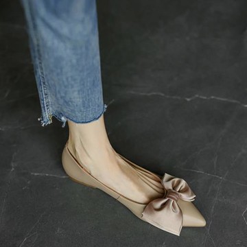 手工真皮~線條女人味~春秋單鞋女夏平底百搭蝴蝶結淺口尖頭平跟鞋