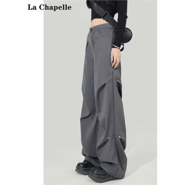 拉夏貝爾灰色工裝褲女2025新款春季美式高腰百搭闊腿拖地休閑褲子