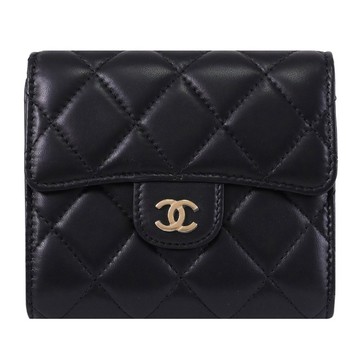 CHANEL AP0231 經典雙C LOGO菱格小羊皮三折短夾.黑/金