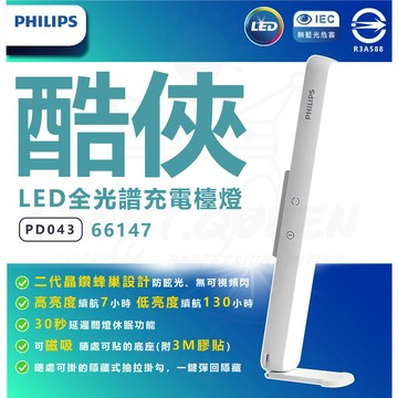 PHLILPS 飛利浦 酷俠 LED全光譜充電檯燈 PD043 66147 磁吸掛燈 宿舍燈 護眼檯燈 小夜燈 充插兩用