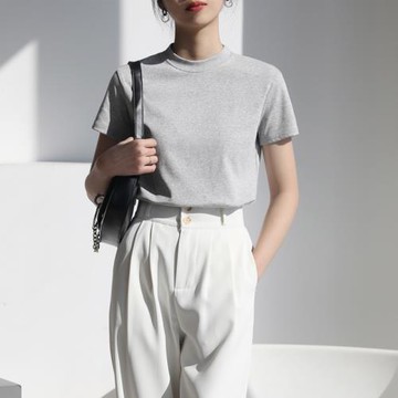 純棉t恤立領短袖女夏季新款白色半高領半袖上衣黑色女裝