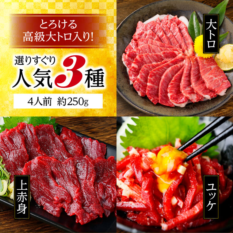 馬刺し 国産 熊本 馬肉 3種 食べ比べ 約4人前 200g 上赤身 霜降り大トロ ユッケ プレゼント 70代 お歳暮 ギフト 肉