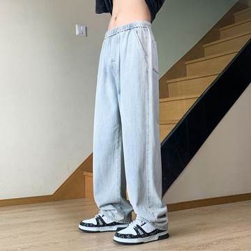 淺色復古牛仔褲男士夏季薄款寬松闊腿褲潮牌美式高街直筒休閑長褲