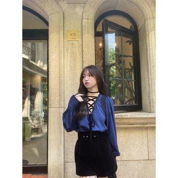 24年夏季新款法式雪紡襯衫女藍色氣質通勤V領顯瘦燈籠袖上衣套裝