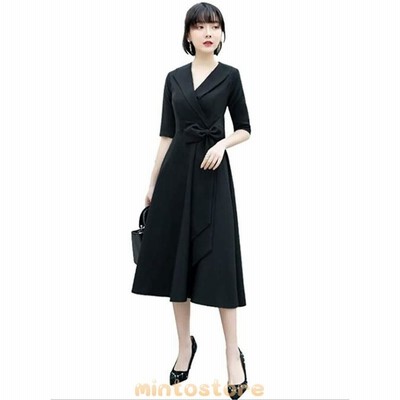 ミモレドレス通勤選択可ファスナータイプエンパイアドレス大きいリボン付きパーティードレスフォーマルドレスラウンドネック