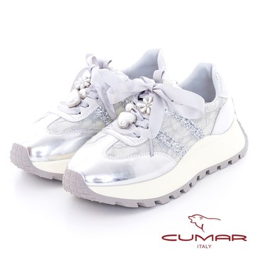 【CUMAR】光澤異材質厚底綁帶休閒鞋-銀