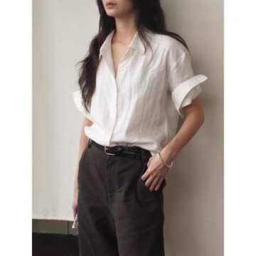 26夏季新款手工卷袖短袖襯衫亞麻上衣百搭寬松顯瘦宅女同款套裝