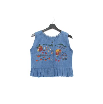 Back to Green-丹寧刺繡背心 深藍 木屋河川 dv-09//vintage vest