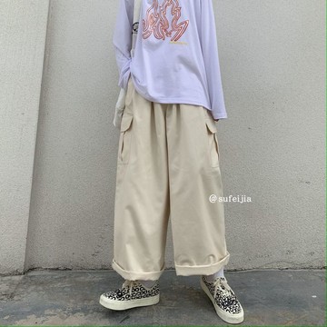 工裝褲 長褲 寬鬆褲 直筒褲 休閒褲 百搭 顯瘦 ins褲子男女春夏季復古日系闊腿寬鬆原宿bf風大碼直筒純棉工裝褲