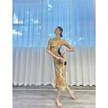 soso佳原創設計顯白高彈顯腰瘦高端古典舞長旗袍復古名族風舞蹈服