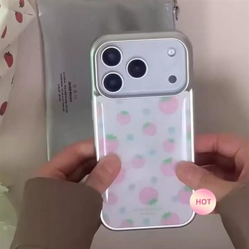 ✨iPhone手機殼✨銀邊玻璃韓 少女粉草莓適用于iPhone17promax手機殼蘋果17pro/17