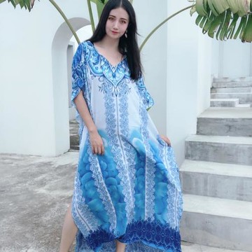 柬埔寨旅游拍照連衣裙寬松拖地長裙kaftan小眾民族風蝙蝠袖袍子女