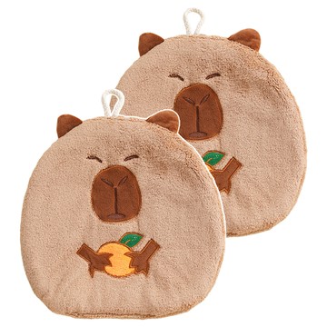 卡皮巴拉擦手巾 2入 珊瑚絨 可愛造型 掛式  抱果款 淺棕色