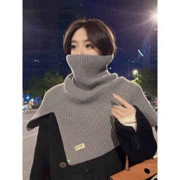 時尚開叉高領披肩女秋冬季韓版百搭針織圍巾防寒保暖套頭毛線圍脖
