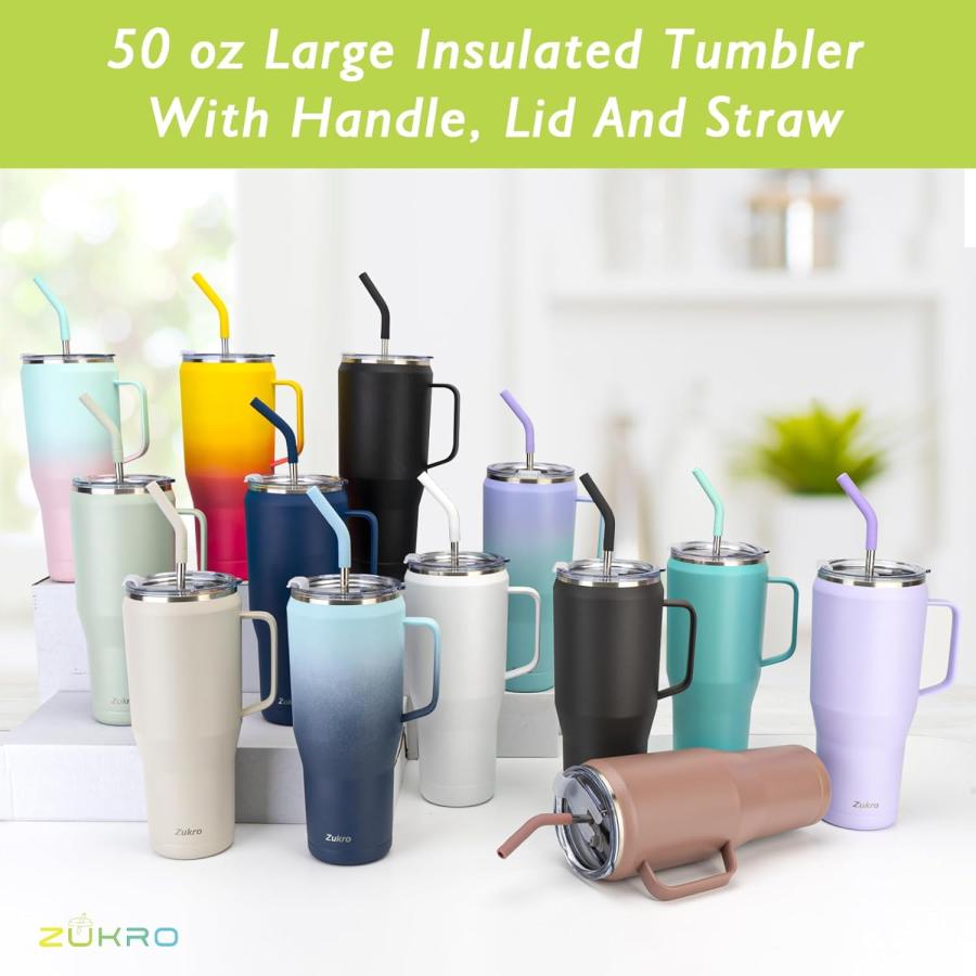 Zukro 50 oz Mug Tumbler With Handle And Straw  Vacuum Insulated Stainless Steel Large Travel Water Cup with Lid Fit in Cup Holder No Sweat Keep Dri