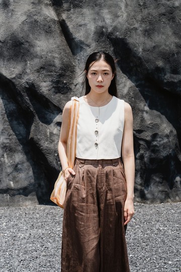 米色條紋後開衩背心