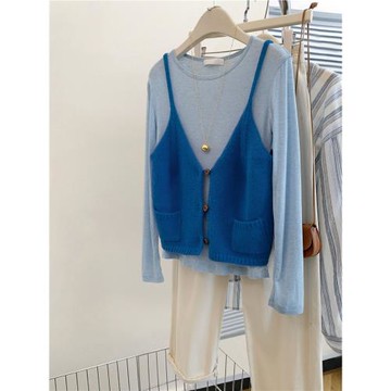 藍色v領針織馬甲背心女秋冬2026韓系小個子疊穿打底衫兩件套外穿