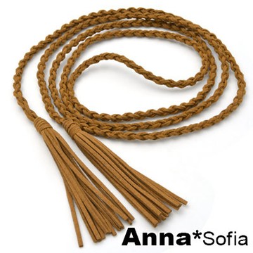 AnnaSofia 辮編麂帶流蘇墬 綁帶式細腰帶腰鍊(黃駝系)