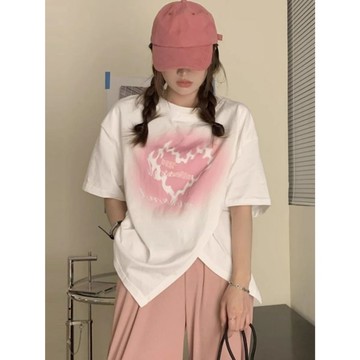 Plump 150kg內可穿 特大碼 抽繩設計 不規則開叉 夏季 胖mm 寬松 顯瘦 短袖 別致上衣