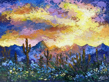 仙人掌畫原創壓克力畫日落天空藝術山風景