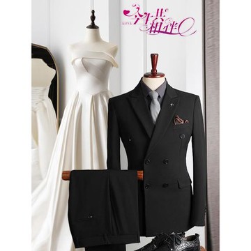 西裝男士套裝結婚雙排扣英倫風戧駁領新郎訂婚禮修身條紋正裝西服