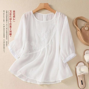 台灣现貨 82.5kg刺繡短袖 顯瘦上衣 夏天上衣 寬鬆短袖 薄款襯衫 圓領上衣 文藝復古襯衫 薄款涼感短袖 棉麻襯衫