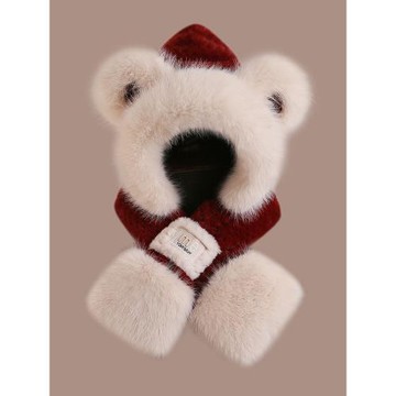 可愛小熊帽子圍巾一體女新款秋冬季加絨圍脖防寒保暖毛茸茸護耳帽