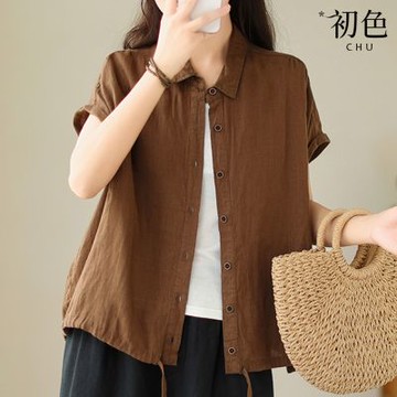 初色 寬鬆涼感棉麻風透氣休閒抽繩翻領短袖襯衫上衣-共3色-69833(M-2XL可選)