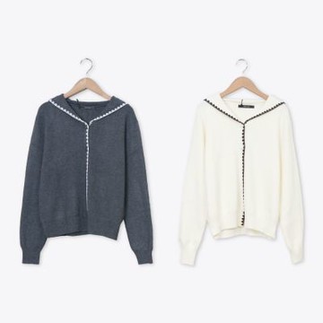 【MASTINA】開襟水手領針織上衣 白 灰(魅力商品)