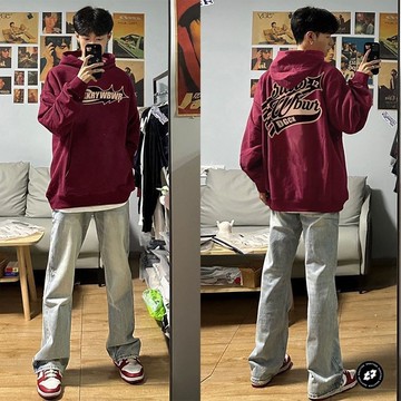 美式hiphop秋冬款酒紅色連帽衛衣男女vibe風寬鬆潮牌高街情侶外套連帽衛衣男大尺碼衛衣外套男生秋冬衛衣外套男帽t男
