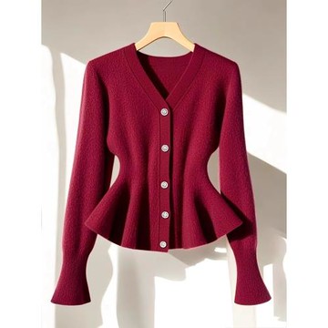 法式復古絕美紅色v領收腰長袖針織毛衣女秋冬款洋氣百搭軟糯小衫