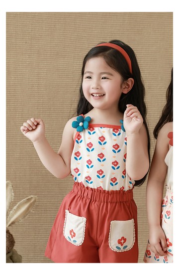 TONGMO - 細肩帶背心+短褲套裝-甜美花朵-拼色紅