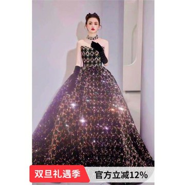 鎏金閃片黑色生日藝考晚宴年會主持人大合唱演出晚禮服批發19007