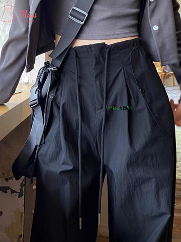 工裝褲女2024夏季薄款高腰美式休閑闊腿褲黑色直筒運動抽繩長褲子-Misaki精品