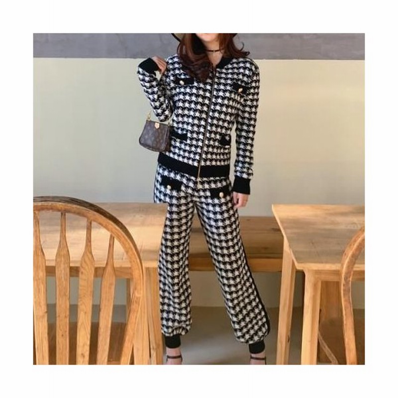 ヴィジョン ストリートウェア セットアップ ジャージ 韓国ファッション 上下 レディース おうちコーデ ルームウェア 部屋着 原宿系 ストリート 2点セット チェック柄 千鳥格子 ラウンドネッ 通販 Lineポイント最大get Lineショッピング