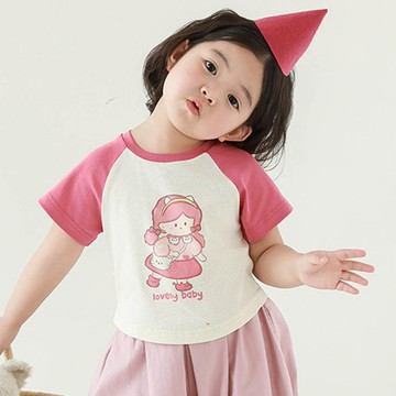 TONGMO - 圓領拼色短袖上衣-可愛女孩-粉色袖