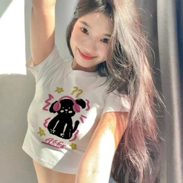 胖胖美依 短袖T卹 上衣 短版上衣 印花上衣 小衫 S-XL新款風正肩設計感小眾修身顯瘦露臍印花上衣-4251.