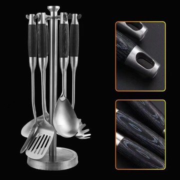 304不鏽鋼炒菜鍋鏟湯勺廚具六件套裝 家用黑檀木手柄煎鏟飯勺