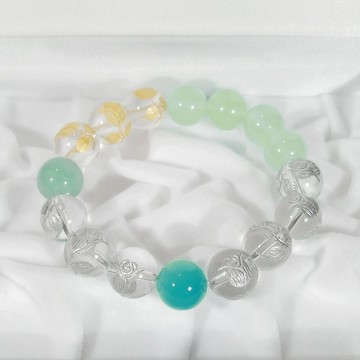 海藍玉髓、綠簾石、水晶手鍊 (內周:15.5cm、天然石、玫瑰花苞、四月誕生石)