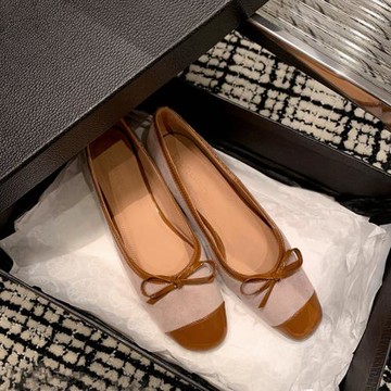 軟軟軟~！極簡百搭！ins超美拼色蝴蝶結圓頭平底單鞋羊皮芭蕾舞鞋