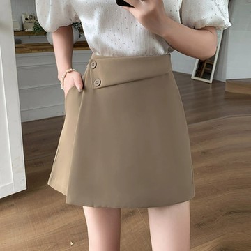 La Belleza百搭顯瘦假兩件側斜雙釦反折側開叉側拼接一片裙擺西裝短褲