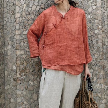 2025春夏新女 名族風大碼文藝棉麻亞麻苧麻盤扣薄款透氣襯衫漢服